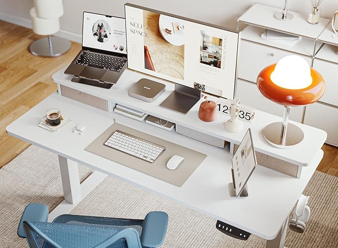 BANTI 60x24 Inch Electric Standing Desk with Double Drawers, Adjustable Height Stand Up Desk, Sit Stand Home Office Desk with Storage Shelf, White Top - LeafyLoom