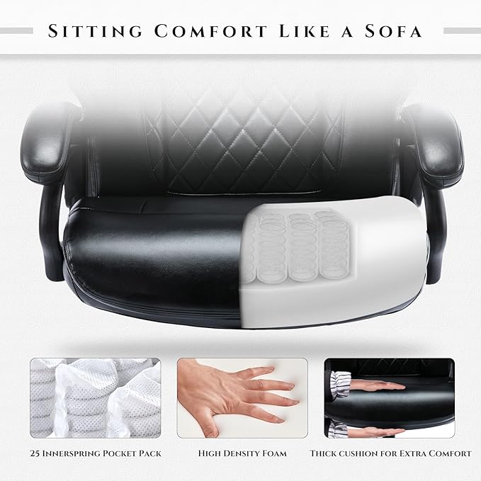 Big and Tall Office Chair 400lbs-Heavy Duty Executive Desk Chair with Extra Wide Seat, High Back Ergonomic Leather Computer Chair with Tilt Rock&Tension, Padded Armrests-Diamond Black - LeafyLoom