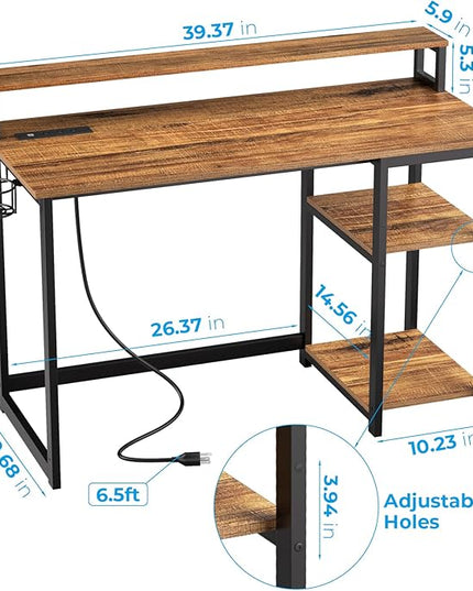 GreenForest Computer Desk with USB Charging Port and Power Outlet, Reversible Home Office Desk with Monitor Stand and Storage Shelves, 40 inch Work Desk with Cup Holder and Hook, Walnut - LeafyLoom