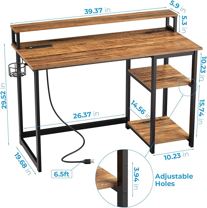 GreenForest Computer Desk with USB Charging Port and Power Outlet, Reversible Home Office Desk with Monitor Stand and Storage Shelves, 40 inch Work Desk with Cup Holder and Hook, Walnut - LeafyLoom