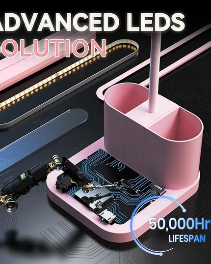 AXX Pink Desk Lamp for Home Office, Cute Desk Lamps for Bedrooms, Kawaii, Dimmable LED, Flexible Gooseneck, Pen Holder, Touch Control, Room College Dorm Essentials for Teen Girls Kids - LeafyLoom