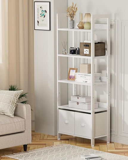 Furologee 5 Tier Bookshelf with Drawers, White Tall Bookcase with Shelves, Wood and Metal Book Shelf Storage Organizer, Modern Display Free Standing Shelf Unit for Bedroom, Living Room, Office - LeafyLoom