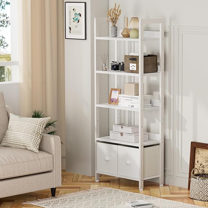 Furologee 5 Tier Bookshelf with Drawers, White Tall Bookcase with Shelves, Wood and Metal Book Shelf Storage Organizer, Modern Display Free Standing Shelf Unit for Bedroom, Living Room, Office - LeafyLoom