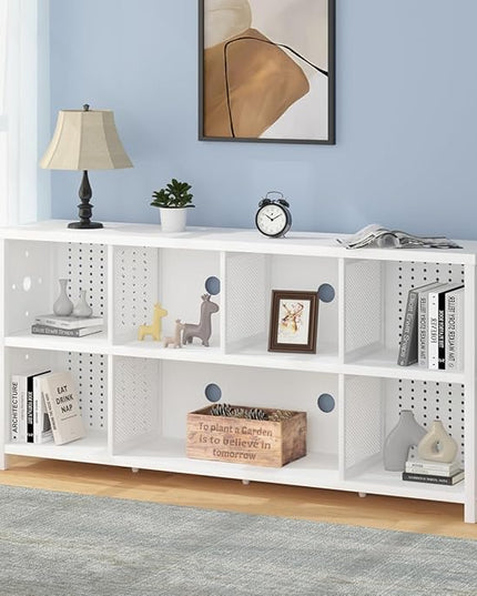 LVB White Horizontal Bookcase, Modern Bookshelf Cube Storage Organizer, Farmhouse Wide Large Wood Metal Book Shelf, Industrial Low Long Cube Shelf for Office Home Bedroom Living Room, White Oak, 63 In - LeafyLoom