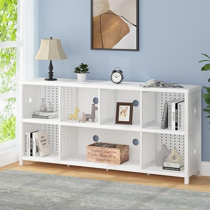 LVB White Horizontal Bookcase, Modern Bookshelf Cube Storage Organizer, Farmhouse Wide Large Wood Metal Book Shelf, Industrial Low Long Cube Shelf for Office Home Bedroom Living Room, White Oak, 63 In - LeafyLoom