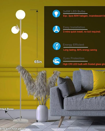 3 Globe Mid Modern Floor Lamp with Orb Frosted Glass Globe and 3000K Warm Light LED Bulbs, Cute Standing Tree Lamp for Living Room, Bedroom, Home & Office - White - LeafyLoom