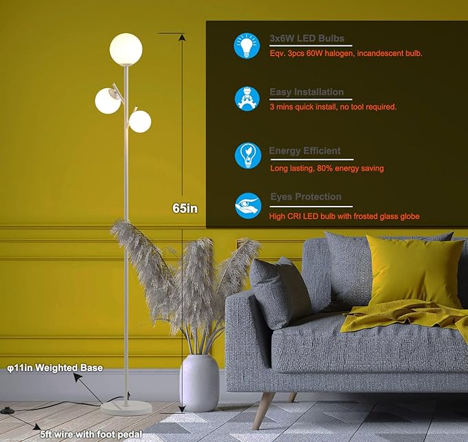 3 Globe Mid Modern Floor Lamp with Orb Frosted Glass Globe and 3000K Warm Light LED Bulbs, Cute Standing Tree Lamp for Living Room, Bedroom, Home & Office - White - LeafyLoom