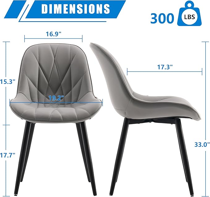 YOUNIKE Dining Chairs Set of 2, Grey Comfy Padded Kitchen Chairs, Armless Modern Faux Leather Upholstered Dining Room Chairs, Elegant Dinning Chairs Side Chairs, Loads up to 300LBS - LeafyLoom