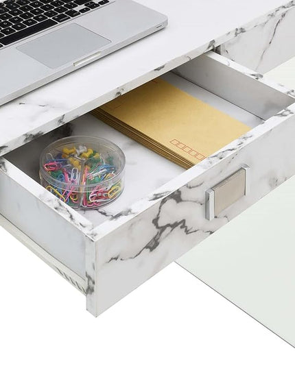 Convenience Concepts SoHo 1 Drawer Glass 36 inch Desk, White Faux Marble/Glass - LeafyLoom