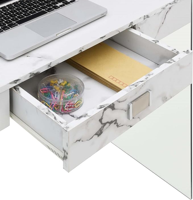 Convenience Concepts SoHo 1 Drawer Glass 36 inch Desk, White Faux Marble/Glass - LeafyLoom