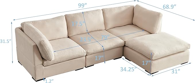 Cloud Modular Sectional Sofa, Comfort 60% Down Filled L Shaped Sleeper Sofa Couch Bed with Movable Ottoman for Living Room, Minimalist Wide Deep Seat Convertible Corner Sofa&Couches for Office - LeafyLoom