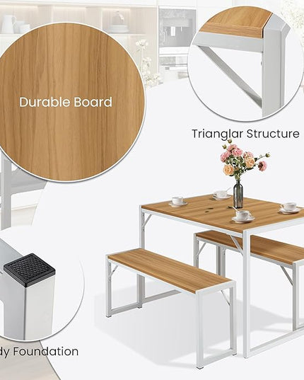 SHA CERLIN 3-Piece Dining Table Set with 2 Benches, Rustic Kitchen Table Set for 4-6, Space-Saving Dinette, Sturdy Structure, Easy Assemble, Maple/White - LeafyLoom