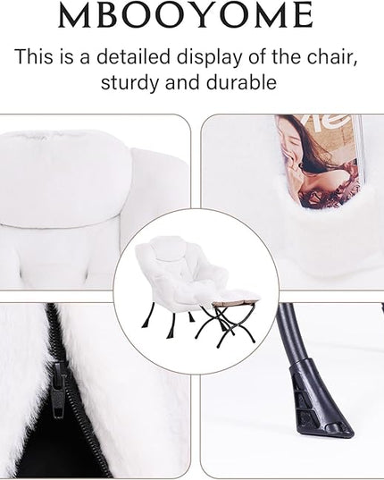Lazy Chair with Ottoman, Modern Accent Chair Contemporary Lounge Leisure Upholstered Sofa Chair Set with Armrests, Reading Chair for Living Room, Bedroom, Office, Plush White - LeafyLoom