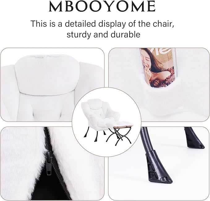 Lazy Chair with Ottoman, Modern Accent Chair Contemporary Lounge Leisure Upholstered Sofa Chair Set with Armrests, Reading Chair for Living Room, Bedroom, Office, Plush White - LeafyLoom