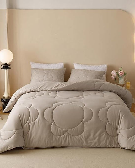 Khaki Flower Comforter Full Light Champagne Sunflower Print Bed Full Comforter 3 PCs Champagne Floral Comforter Set for Boys Girls Teens Bedroom Decor All Season Hotel Quality Comforter - LeafyLoom