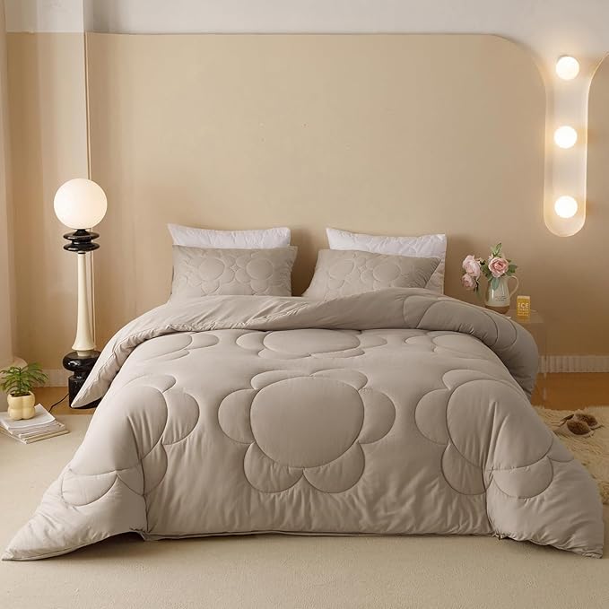Khaki Flower Comforter Full Light Champagne Sunflower Print Bed Full Comforter 3 PCs Champagne Floral Comforter Set for Boys Girls Teens Bedroom Decor All Season Hotel Quality Comforter - LeafyLoom