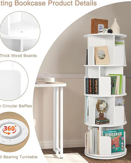 Rotating Bookshelf,Wood Corner Bookshelf 4 Tier 360 Display Spinning Bookshelf Floor Standing Bookcase Stackable Bookshelf Storage Rack Organizer for Small Space Bedroom Living Room Study Room - LeafyLoom