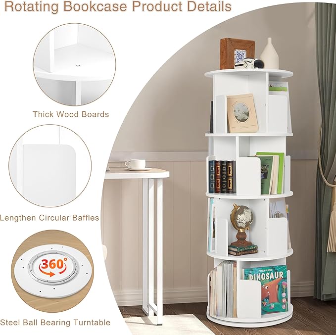 Rotating Bookshelf,Wood Corner Bookshelf 4 Tier 360 Display Spinning Bookshelf Floor Standing Bookcase Stackable Bookshelf Storage Rack Organizer for Small Space Bedroom Living Room Study Room - LeafyLoom