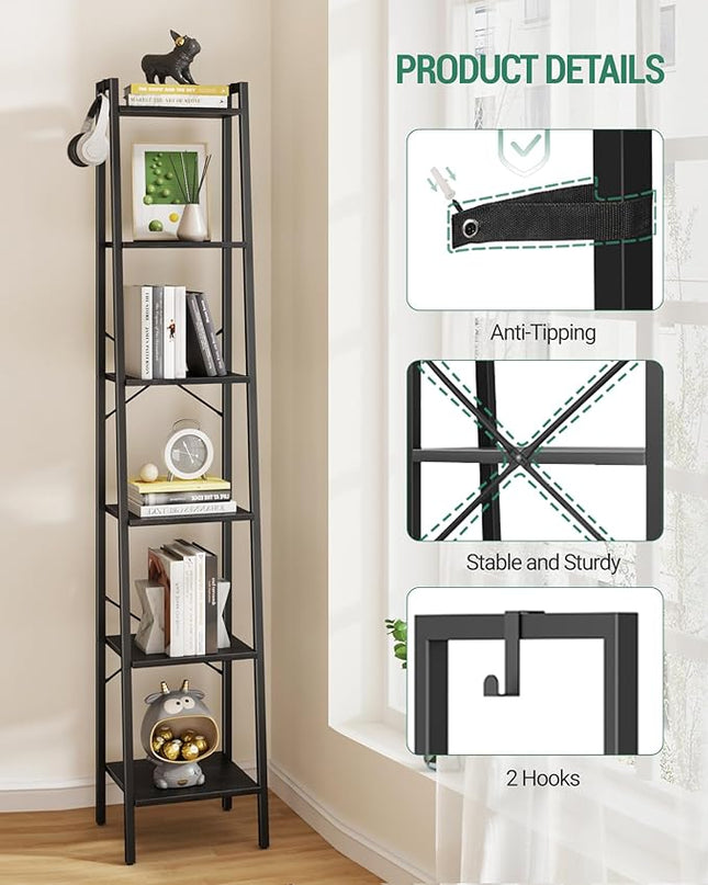 Ladder Shelf, Bookshelf Bookcase, Freestanding Corner Storage Shelve with 2 Hooks for Home Office, Living Room, Kitchen, Bedroom, Industrial, 6-Tier Black BC13304B - LeafyLoom