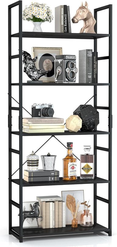 OTK 5 Tier Bookshelf, Tall Bookcase, Office Shelf Storage Organizer, Modern Book Shelf for Living Room, Bedroom, and Home Office, Black - LeafyLoom