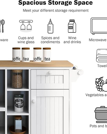 Kitchen Island with Storage on Wheels,Kitchen Island Cart w/Wine Storage Rack and 2 Drawers, Solid Wood Desktop Buffet Server Sideboard for Dining Room, Coffee Bar - LeafyLoom