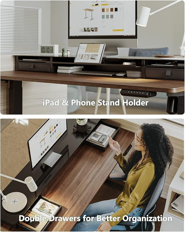 BANTI 48"x 26" Electric Standing Desk with Glass Top Monitor Stand, Adjustable Sit Stand Up Table with Double Drawer, Sit Stand Desk with Storage Shelf, Black Walnut Top - LeafyLoom