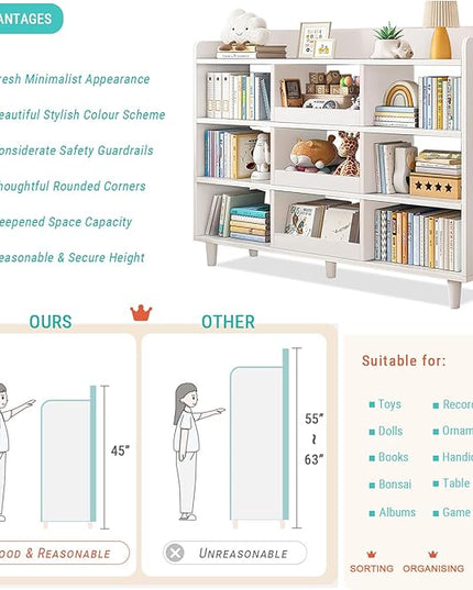 Wooden Cube Bookcase with Legs - 3-Tier Open Shelf Kidsroom Sorted Storage Cabinet Organizer for Books and Toys, 9-Cube Lattice Cute Cubby Bookshelf in Pearl White, 55" W - LeafyLoom