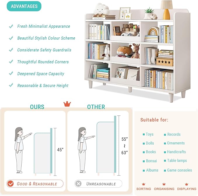 Wooden Cube Bookcase with Legs - 3-Tier Open Shelf Kidsroom Sorted Storage Cabinet Organizer for Books and Toys, 9-Cube Lattice Cute Cubby Bookshelf in Pearl White, 47" W - LeafyLoom