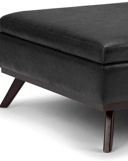SIMPLIHOME Owen 36 Inch Wide Mid Century Modern Square Coffee Table Lift Top Storage Ottoman in Upholstered Distressed Black Faux Leather, For the Living Room - LeafyLoom