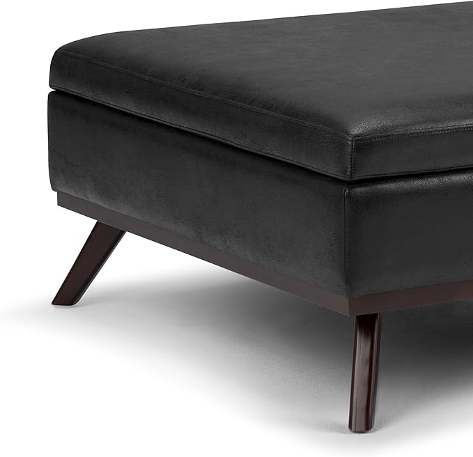 SIMPLIHOME Owen 36 Inch Wide Mid Century Modern Square Coffee Table Lift Top Storage Ottoman in Upholstered Distressed Black Faux Leather, For the Living Room - LeafyLoom