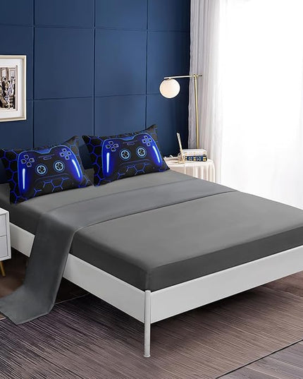 6 Pieces Bed in a Bag for Boys Bedding Sets Queen Size,Gamer Comforter Sets for Boys Kids, Gaming Comforter Set for Boys Room Decor with Flat Sheet,Fitted Sheet,Pillowcase,Cushion Cover - LeafyLoom