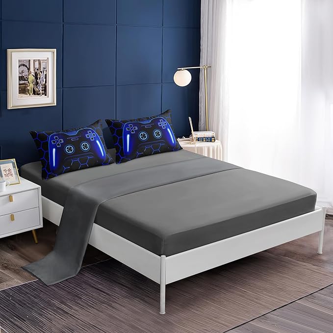 6 Pieces Bed in a Bag for Boys Bedding Sets Full Size,Gamer Comforter Sets for Boys Kids, Gaming Comforter Set for Boys Room Decor with Flat Sheet,Fitted Sheet,Pillowcase,Cushion Cover - LeafyLoom