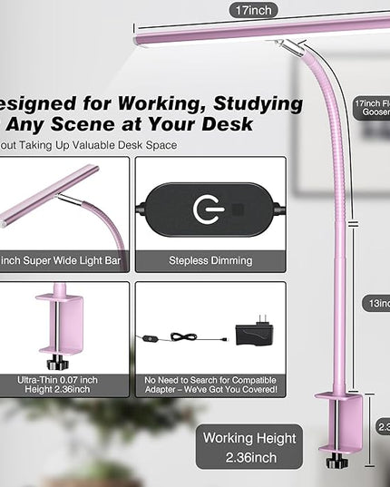 LED Desk Lamp for Office Home, Eye-Caring Desk Light with Stepless Dimming Adjustable Flexible Gooseneck, 10W USB Adapter Desk Lamp with Clamp for Reading, Study, Workbench (Pink) - LeafyLoom