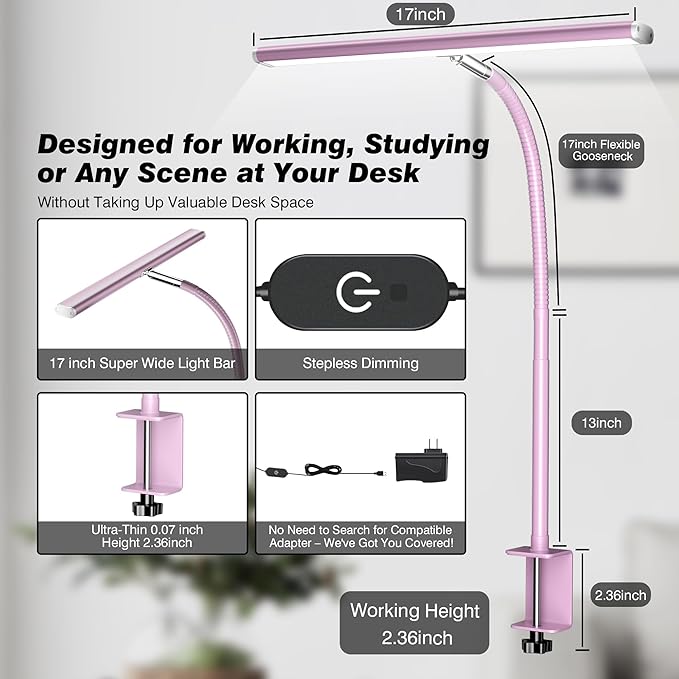 LED Desk Lamp for Office Home, Eye-Caring Desk Light with Stepless Dimming Adjustable Flexible Gooseneck, 10W USB Adapter Desk Lamp with Clamp for Reading, Study, Workbench (Pink) - LeafyLoom
