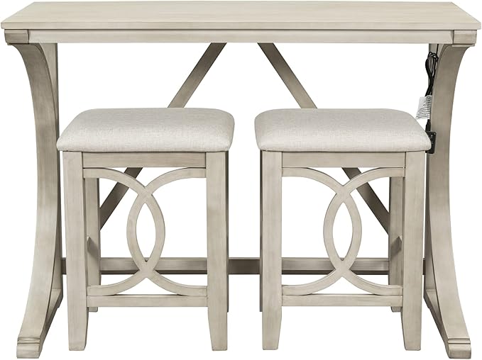 NicBex Kitchen Table for 2 Dining Table 3-Piece Counter Height Dining Table Set with USB Port and Upholstered Stools for Home, Kitchen, Dining Room, Wooden Frame, Cream - LeafyLoom