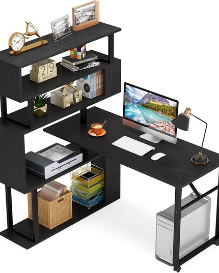Rotating Computer Desk L-Shaped Office Desk with 5 Shelves Bookcase, Reversible Writing Desk Study Table with Wheels for Home Office, Black - LeafyLoom