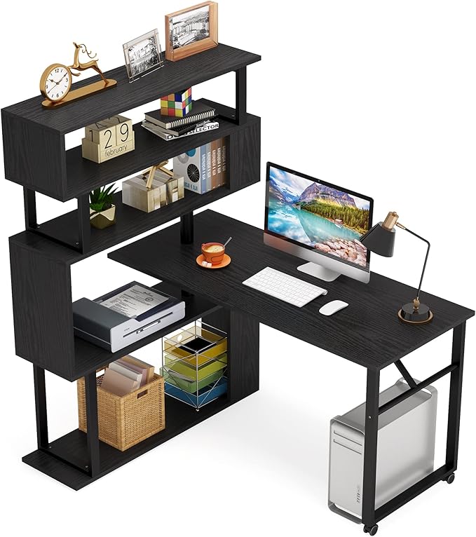 Rotating Computer Desk L-Shaped Office Desk with 5 Shelves Bookcase, Reversible Writing Desk Study Table with Wheels for Home Office, Black - LeafyLoom