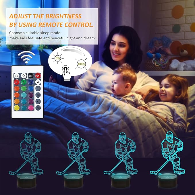 FULLOSUN 3D Night Lights Ice Hockey Athlete 3D Illusion Bedside Lamp 16 Colors Changing with Remote Control Best Birthday Gifts for Men Women - LeafyLoom