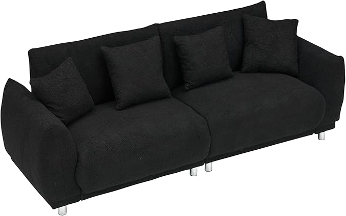 Modular Teddy Fleece Cloud 3 Seater Sofa Deep Seat Upholstered W/Metal Legs, Comfy Leisure Couch Beautiful Shape Bread Sofa&Couch with 4 Pillows for Living Room, 86.6", Black-1658 - LeafyLoom