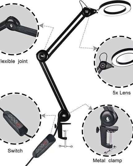 Magnifying Glass with Light and Clamp, Magnifying Lamp with 4.2'' 5X Real Glass Magnifier, 3-Color Dimmable LED Light, Premium Swing Arm Handsfree for Estheticians Crafts Hobbies Arts - LeafyLoom