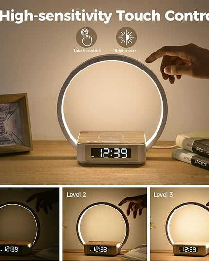 Desk Lamp with Alarm Clock Qi Wireless Charger, Touch Lamp for Bedroom 3 Light Hues, Bedside Lamp 10W Max Wireless Charging Table Lamp LED Eye-Caring Reading Nightstand Light for Living Room - LeafyLoom