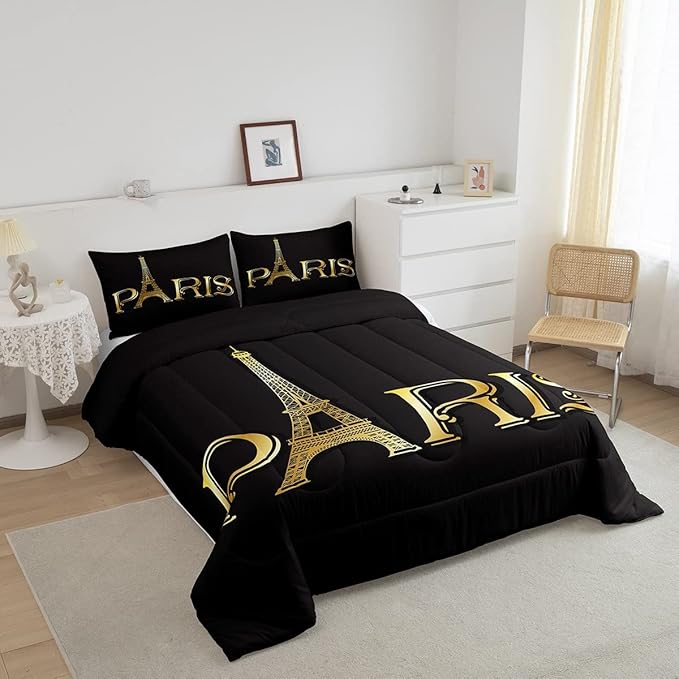 Erosebridal Eiffel Tower Comforter Set, City Building of Paris Bedding Set Twin Size, Gold Black Duvet Sets for Kids Boys Girls Teens Bedroom, Soft Microfiber Bedding Comforters with 1 Pillow Case - LeafyLoom