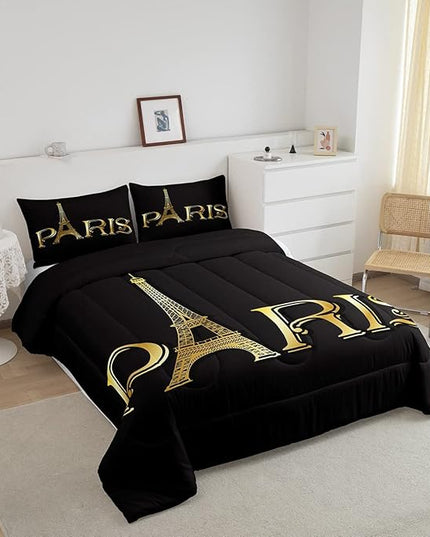 Erosebridal Eiffel Tower Comforter Set, City Building of Paris Bedding Set King Size, Gold Black Duvet Sets for Kids Boys Girls Teens Bedroom, Soft Microfiber Bedding Comforters with 2 Pillow Cases - LeafyLoom
