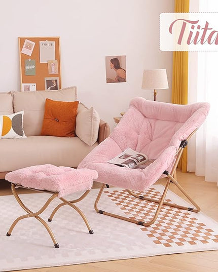 Tiita Saucer Chair with Ottoman, Soft Faux Fur Oversized Folding Accent Chair,Lounge Lazy Chair, Metal Frame Moon Chair for Bedroom, Living Room, Dorm Rooms, Garden and Courtyard - LeafyLoom