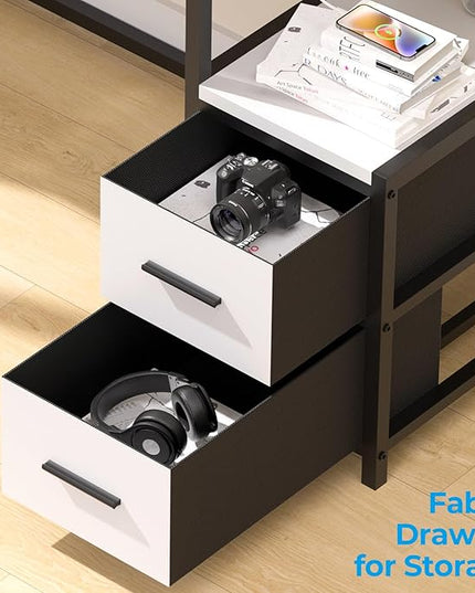 GreenForest Small Desk for Bedroom, 39.4 inch Computer Desk with 2 Drawers, Gaming Desk with LED Light and Power Outlet, Reversible Office Desk with Monitor Stand, Desk for Small Spaces, White - LeafyLoom