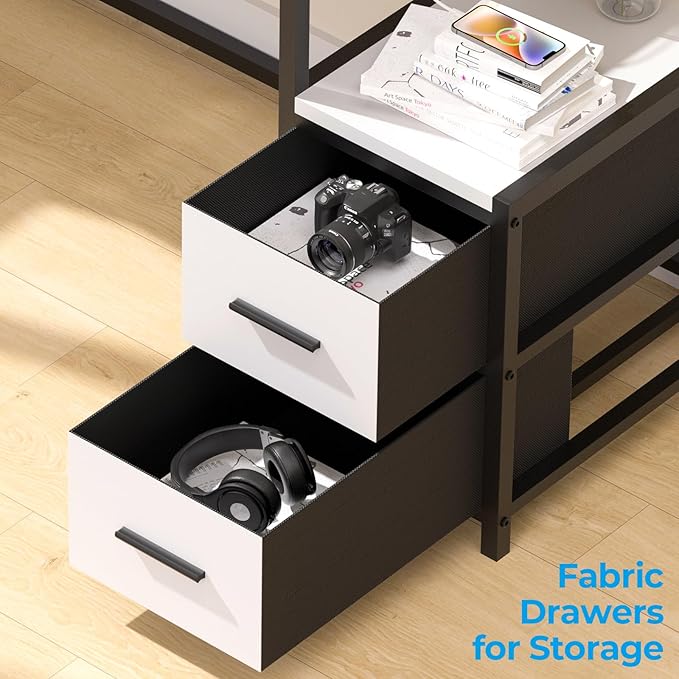 GreenForest Small Desk for Bedroom, 39.4 inch Computer Desk with 2 Drawers, Gaming Desk with LED Light and Power Outlet, Reversible Office Desk with Monitor Stand, Desk for Small Spaces, White - LeafyLoom