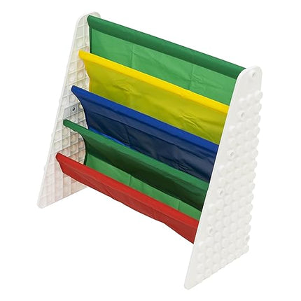 UNiPLAY Kids 4-Tier Book Storage Organizer with Sling Book Pockets, Plastic Sling Rack Bookshelf for Playroom, Fits Blocks, White/Primary - LeafyLoom