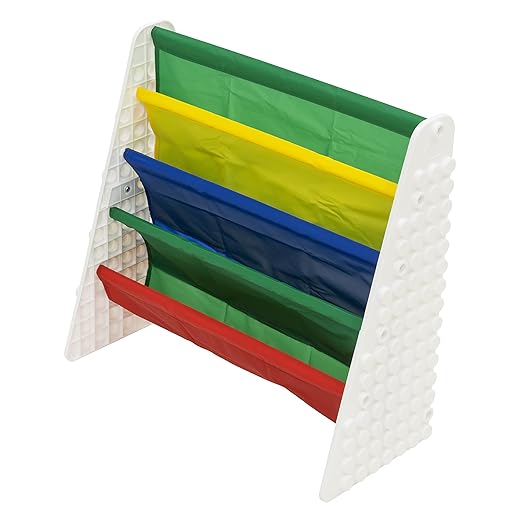 UNiPLAY Kids 4-Tier Book Storage Organizer with Sling Book Pockets, Plastic Sling Rack Bookshelf for Playroom, Fits Blocks, White/Primary - LeafyLoom