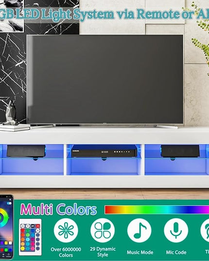 HOMMPA LED TV Stand with LED Lights for 65 inch TV Modern Entertainment Center with Storage 57" White TV Console with Glass Shelves for Living Room 15" Tall - LeafyLoom