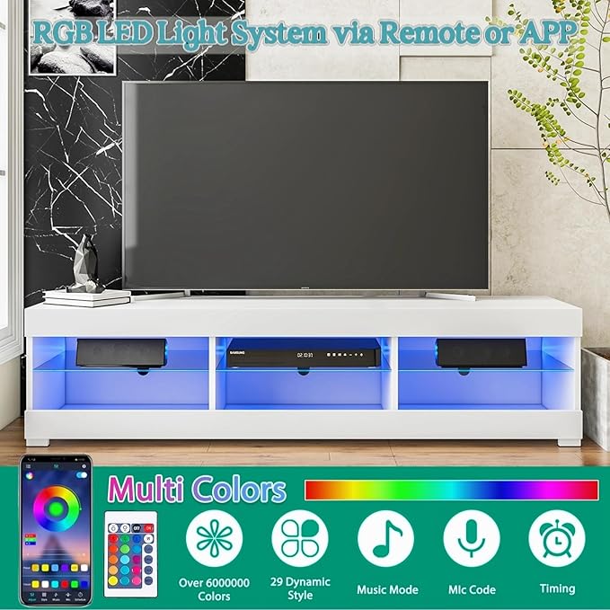 HOMMPA LED TV Stand with LED Lights for 65 inch TV Modern Entertainment Center with Storage 57" White TV Console with Glass Shelves for Living Room 15" Tall - LeafyLoom